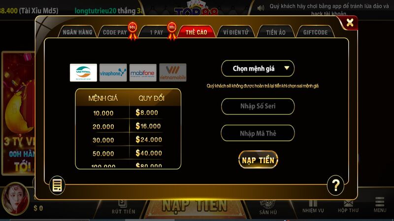 Nạp tiền Top88 qua thẻ cào