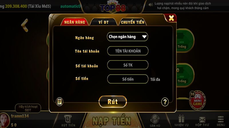 Rút tiền Top88 qua ngân hàng