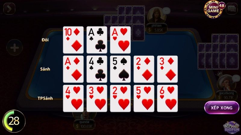 Sắp xếp các dây bài theo độ lớn trong trò chơi Mậu Binh