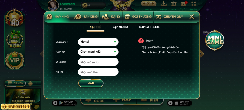 Hướng dẫn cách nạp tiền vào tài khoản game tại KingFun