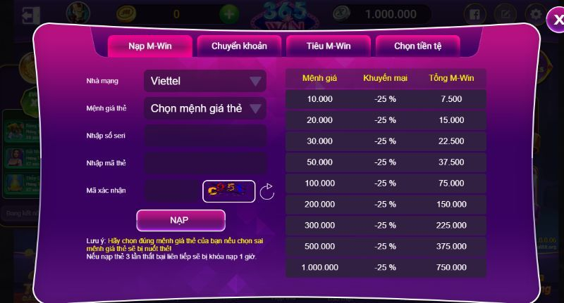 Giao diện nạp/ rút tiền thưởng tại cổng game M365win