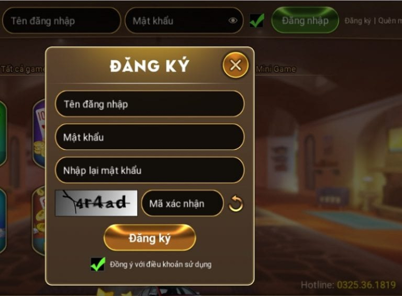 Giao diện cửa sổ sân chơi cho phép đăng ký tài khoản game