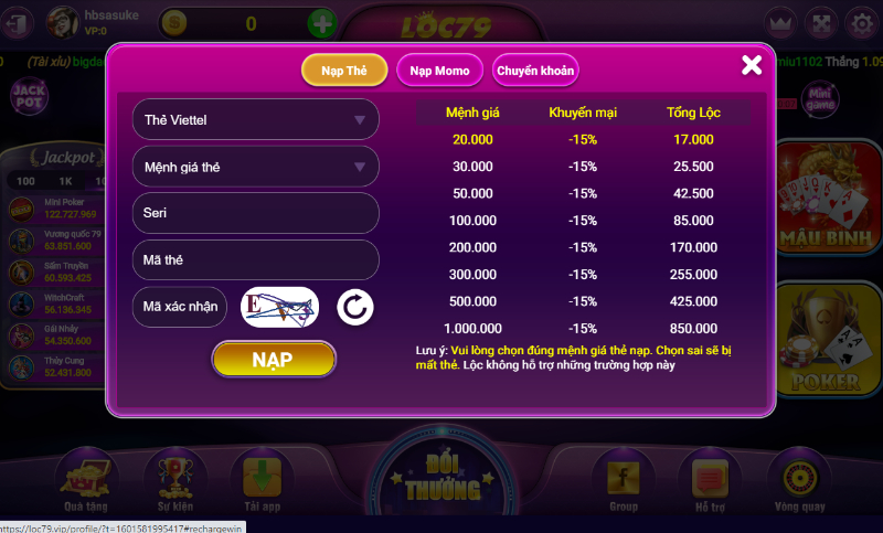 Giao diện nạp tiền tại website Loc79 chính thức