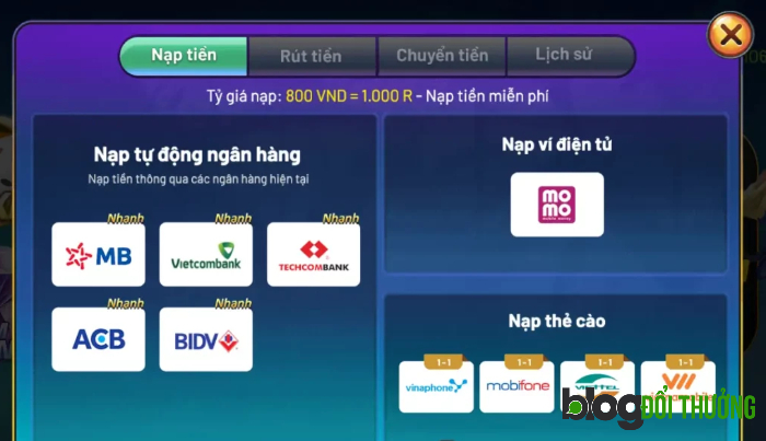 Lựa chọn phương thức nạp tiền vào tài khoản game