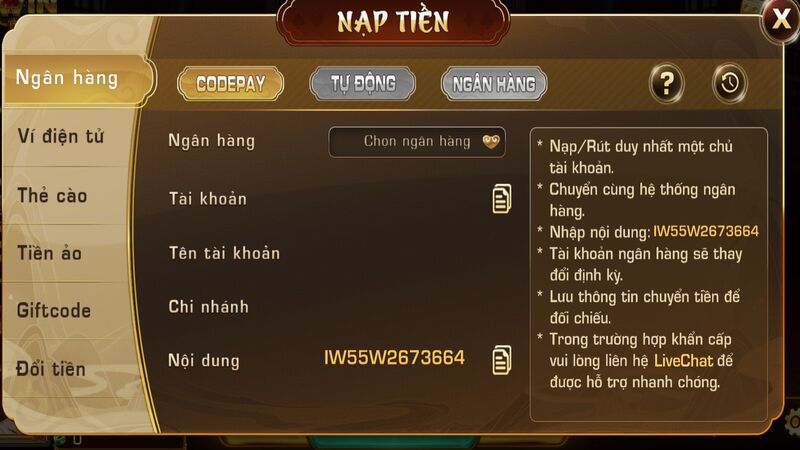 Nạp tiền Iwin Club qua ngân hàng