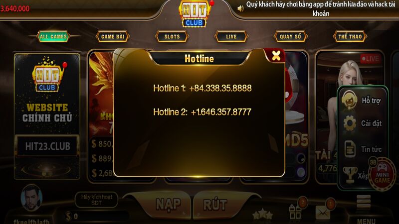 Hỗ trợ người chơi Hit Club 24/7