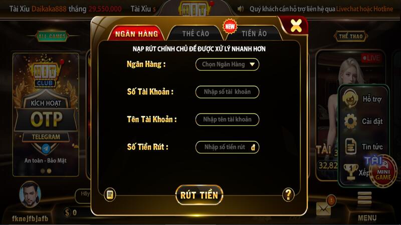 Rút tiền qua ngân hàng tại Hit Club