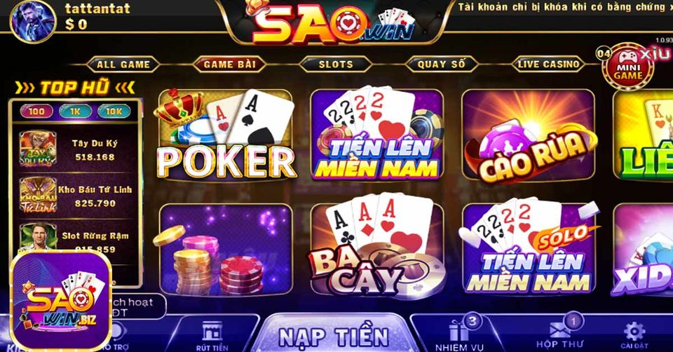 Giao diện của cổng game Saowin